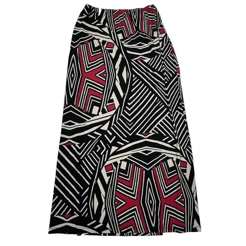Boston Proper Maxi Skirt Small Black Red African Geometric Long Slit USA Vtg?